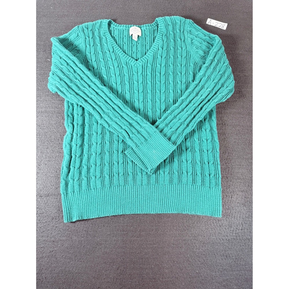 St Johns Bay Green Cable Knit V-Neck Sweater Womens XL Cotton Blend Long Sleeve